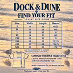 Dock & Dune T-shirt size guide with width, length, and sleeve measurements in inches for sizes S–5XL.