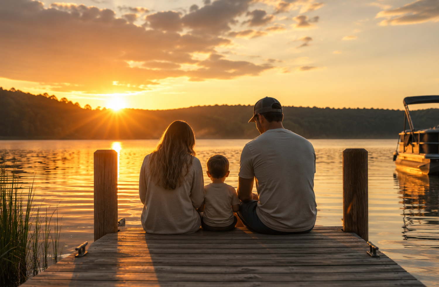 A family enjoying sunset on a lakeside dock